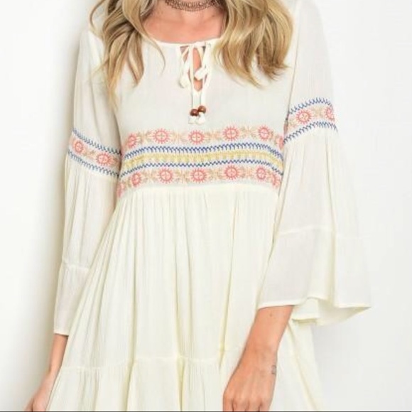 Ivory Embroidered Bell Sleeve Dress - Picture 3 of 3